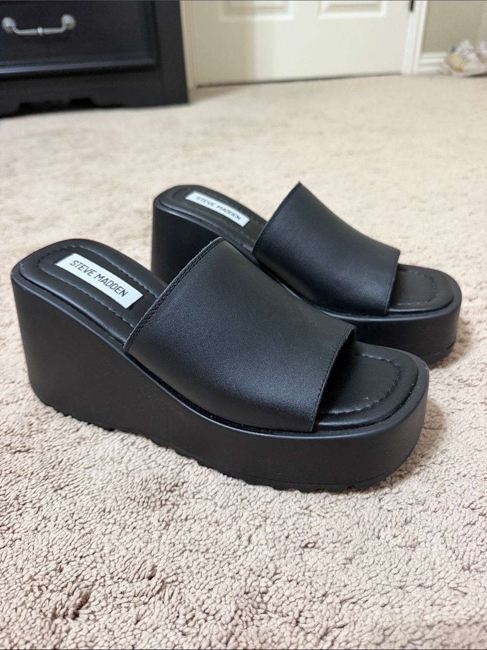 Steve Madden Black Platform Slide Wedges with Wide Band